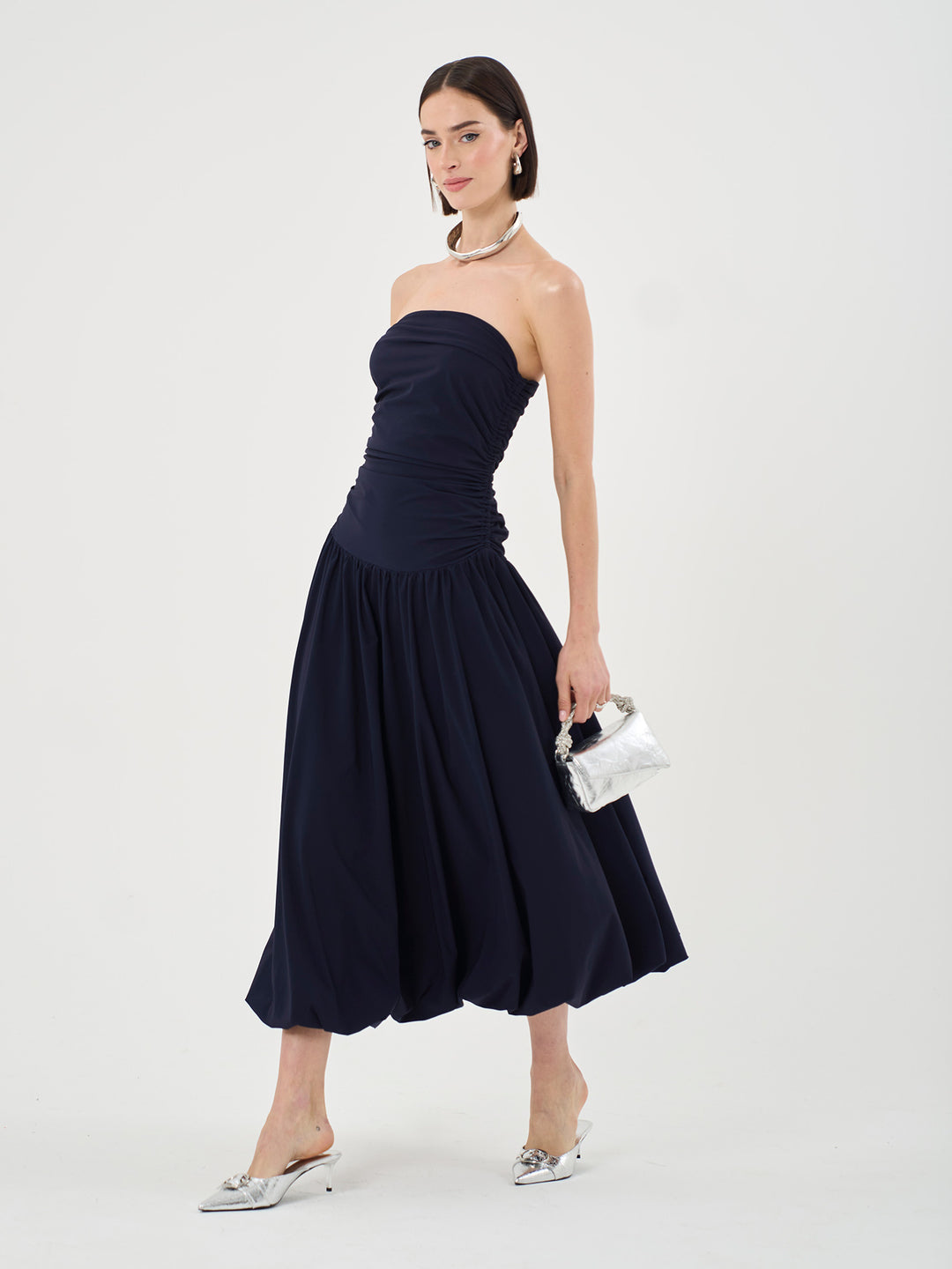 Bandeau Puffball Hem Midi Dress