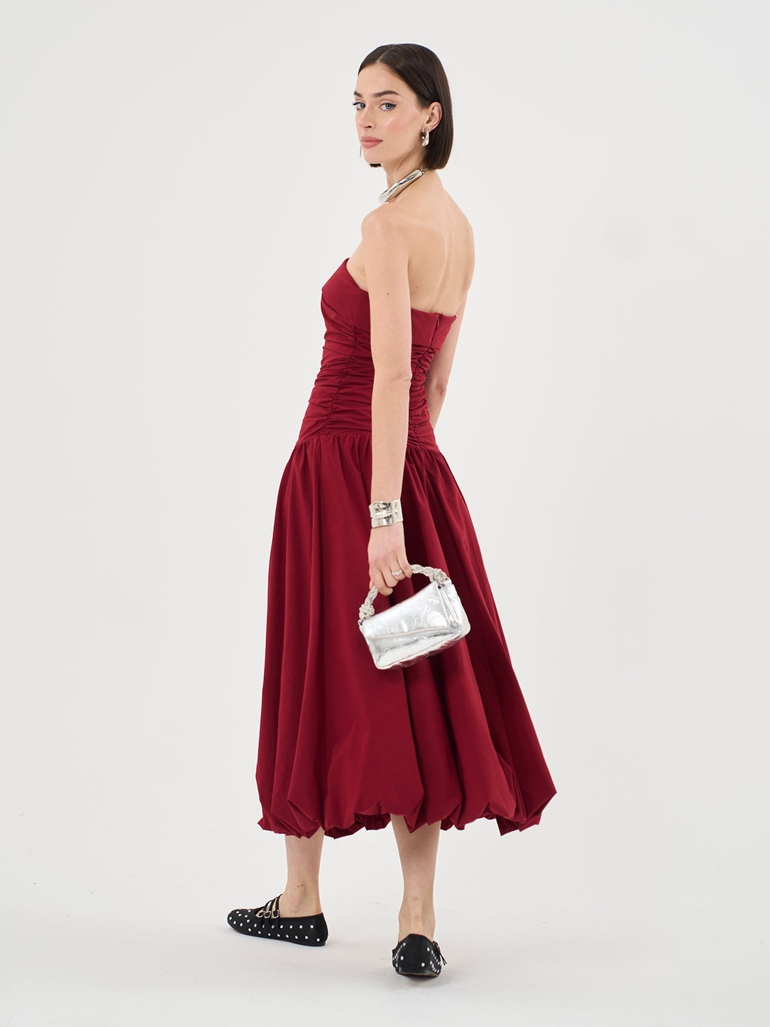 Bandeau Puffball Hem Midi Dress