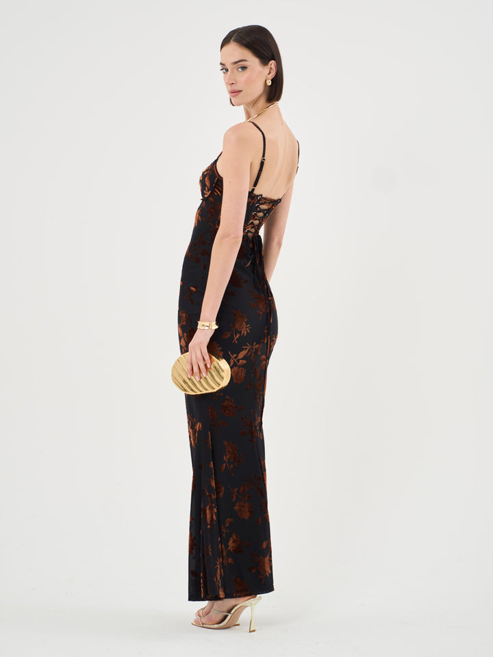 Strappy Floral Burnout Maxi Dress In Rust