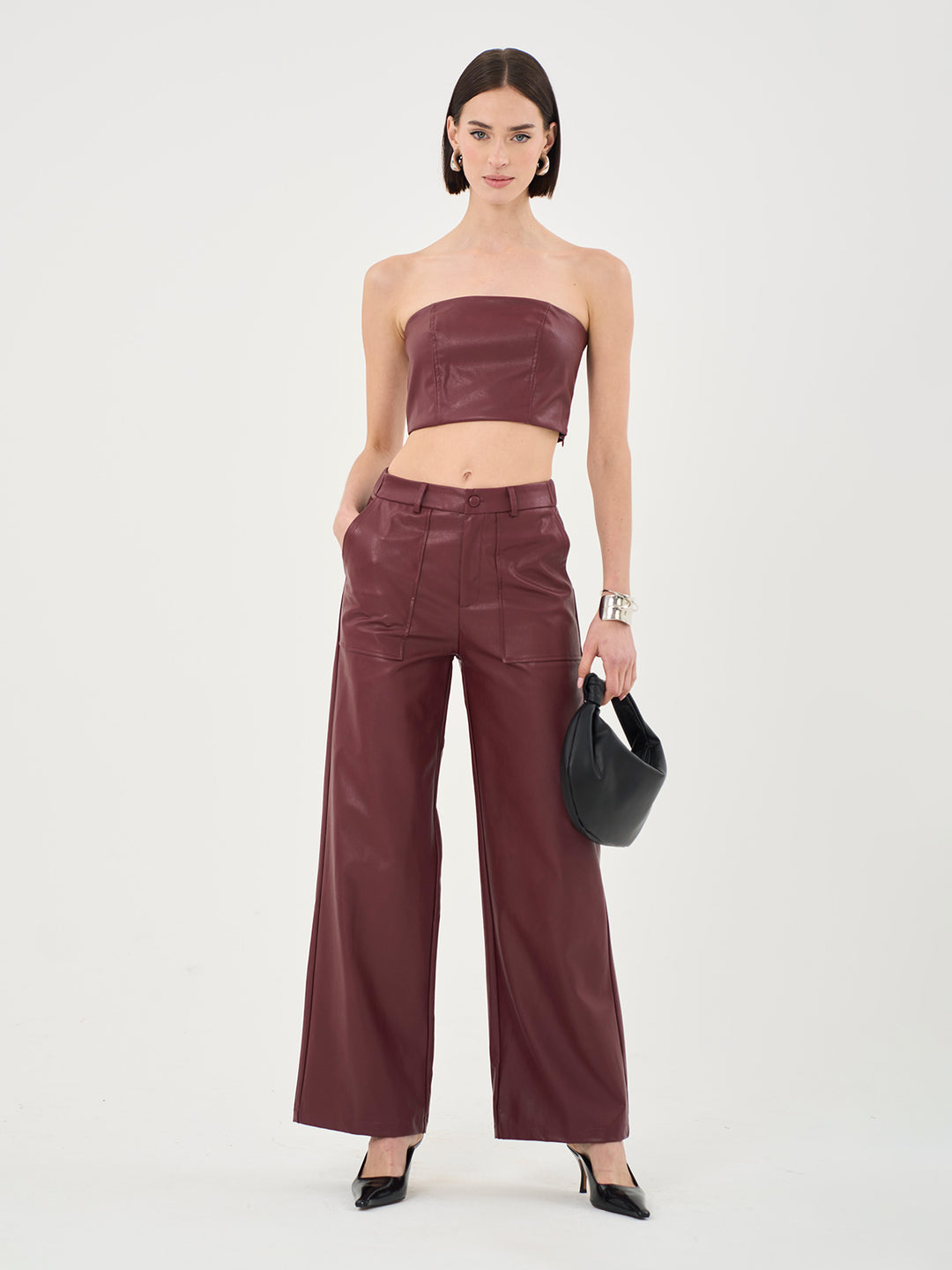 PU highwaisted pants in oxblood - part of a set