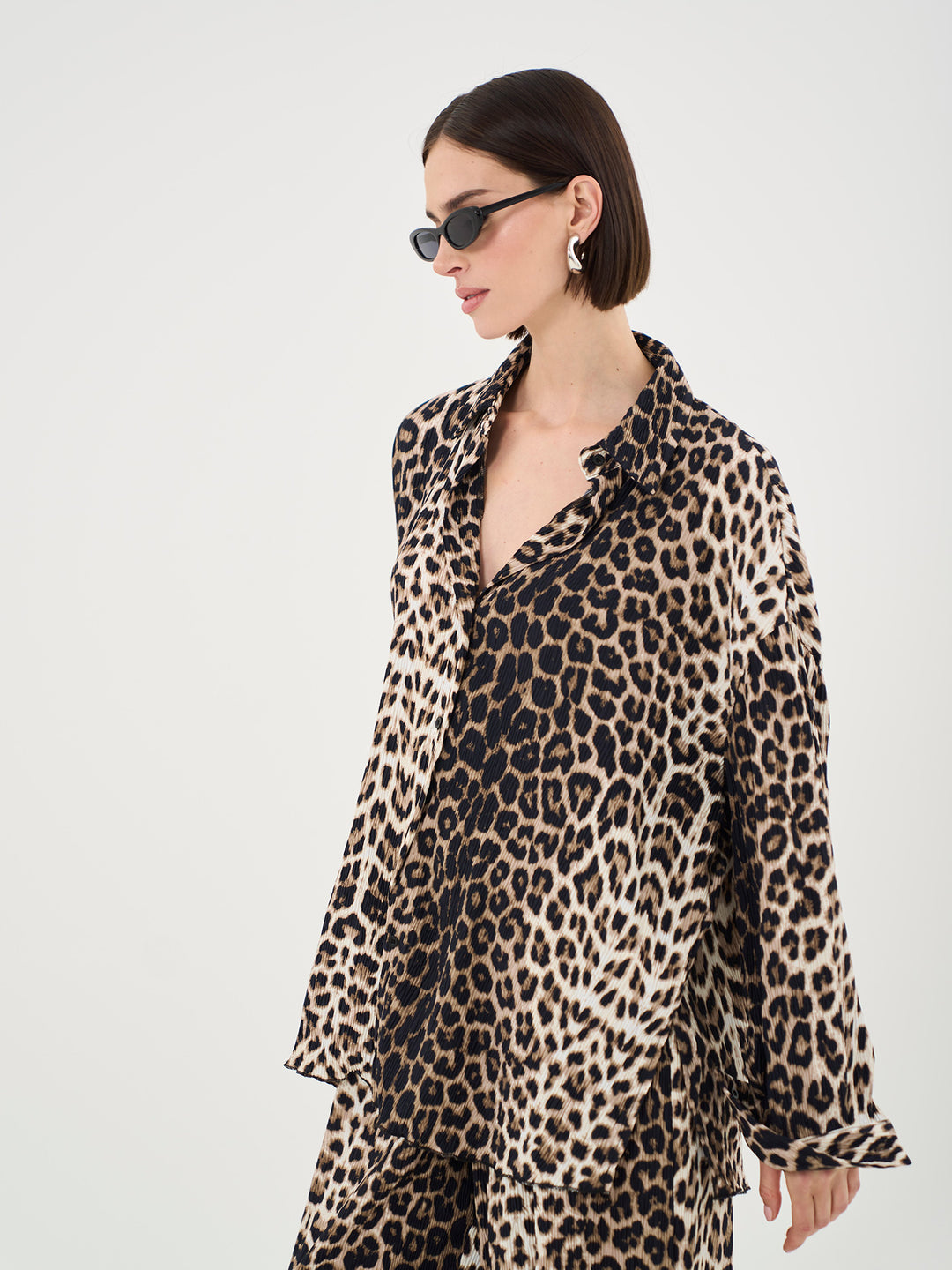 Plisse Button Up Shirt In Leopard Print Co-ord