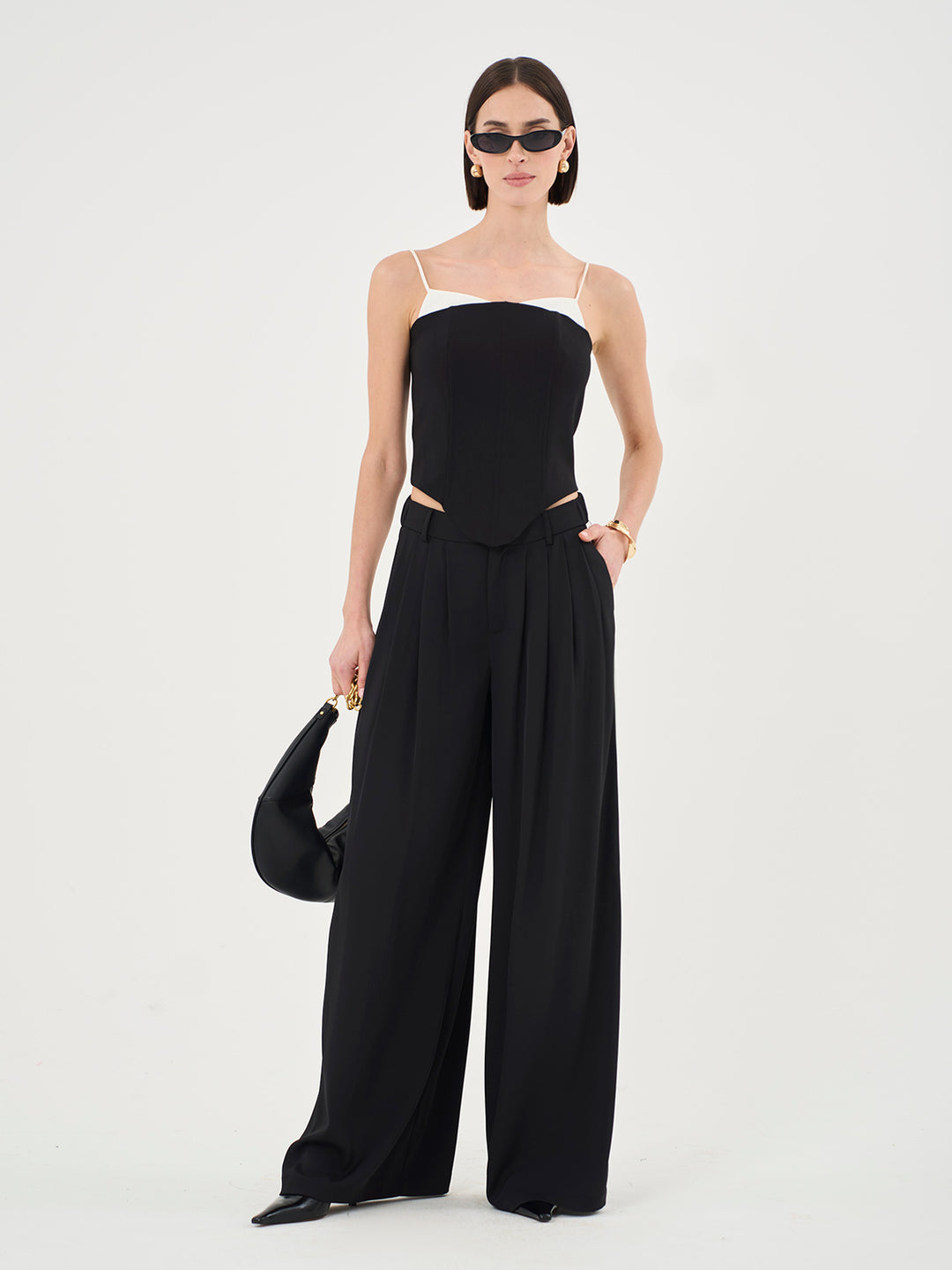 Tall Highwaisted Palazzo Pleated Pants In Black & White - Part Of A Set