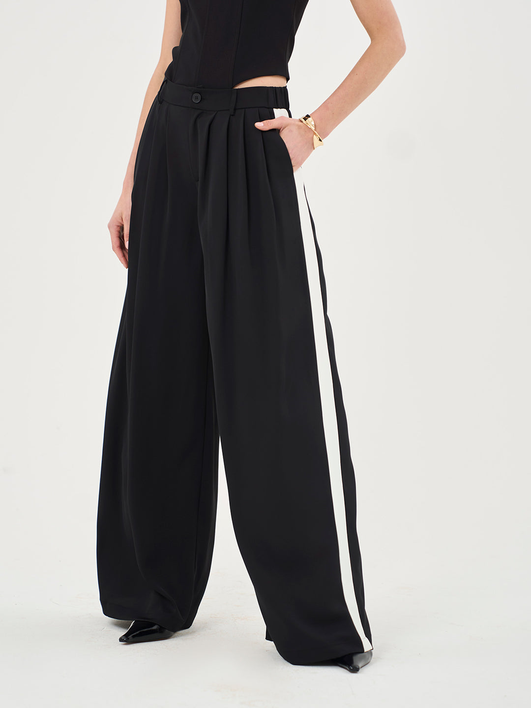 Tall Highwaisted Palazzo Pleated Pants In Black & White - Part Of A Set