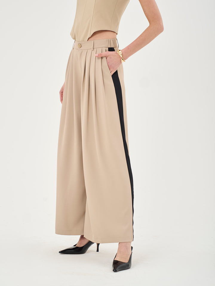 High Waist Pleated Palazzo Pants In Stone & Black - Part Of A Set