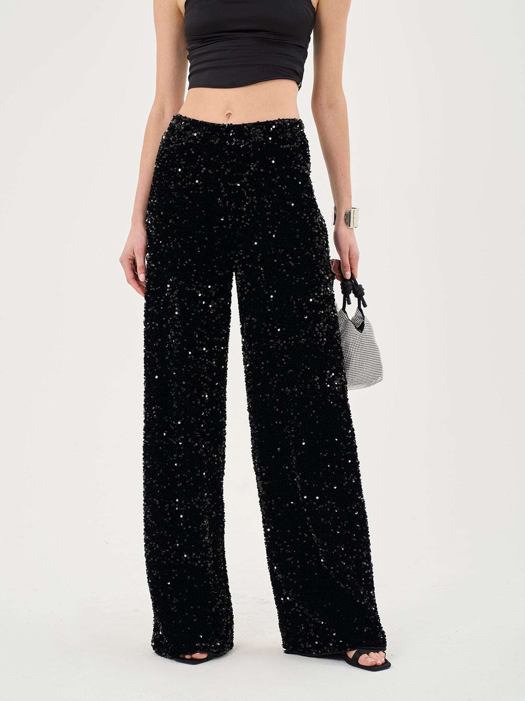 Slouchy Velvet Sequin Trousers In Black