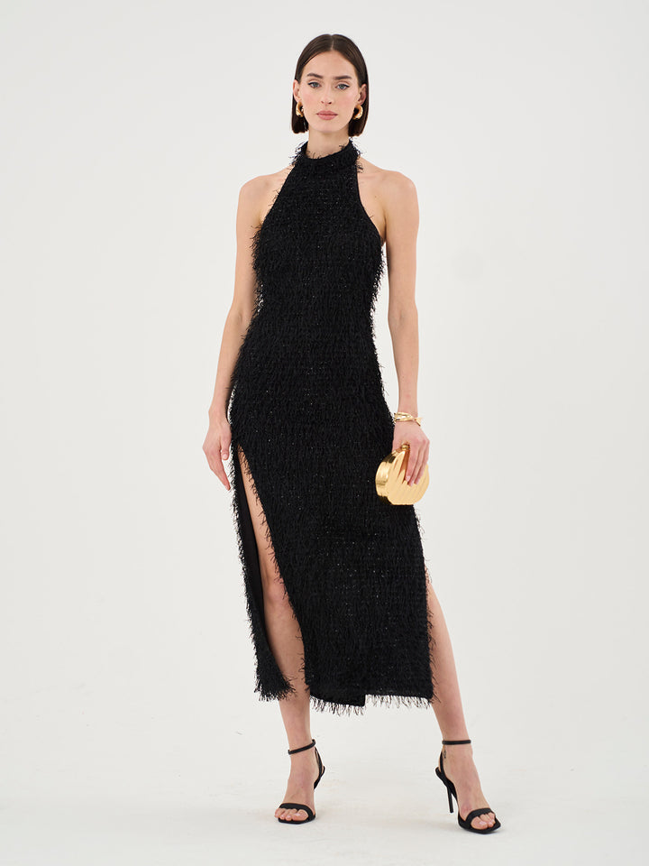 Harley Fringe Knit Halterneck Midi Dress