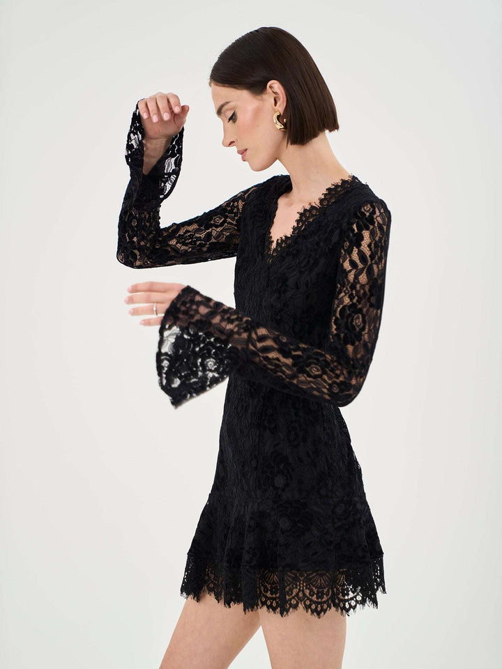 Long Sleeve Asymmetric Lace Mini Dress