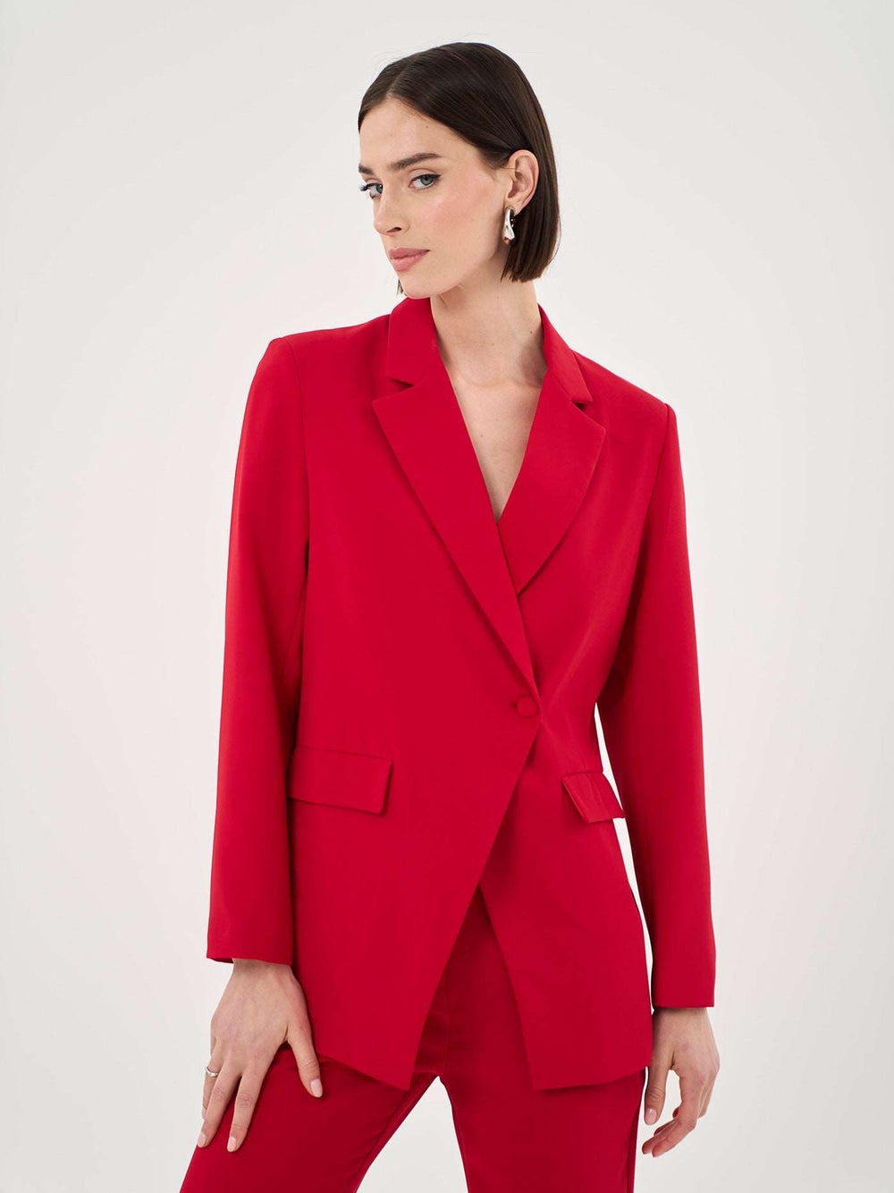 Asymmetric Button Front Blazer In Red - Part Of A Set