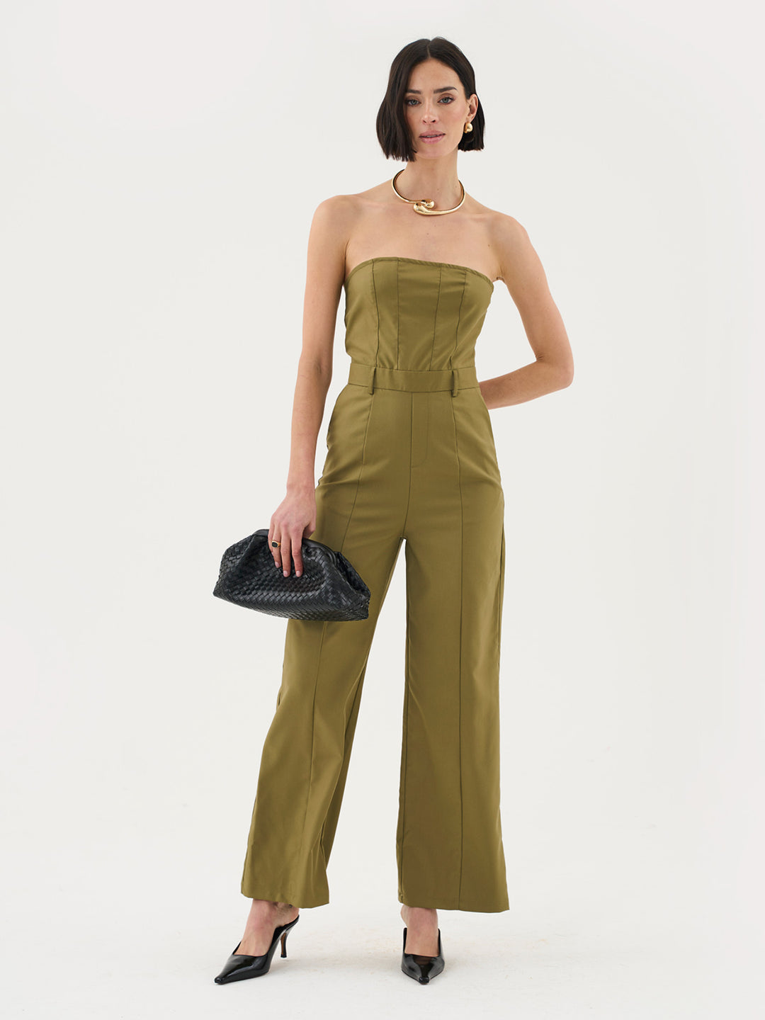 Bandeau Wide Leg Jumpsuit In Khaki