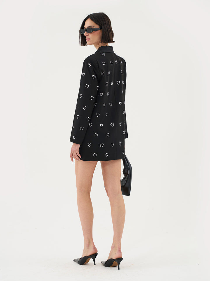 Boxy Blazer Dress With Heart Embellishment in Black