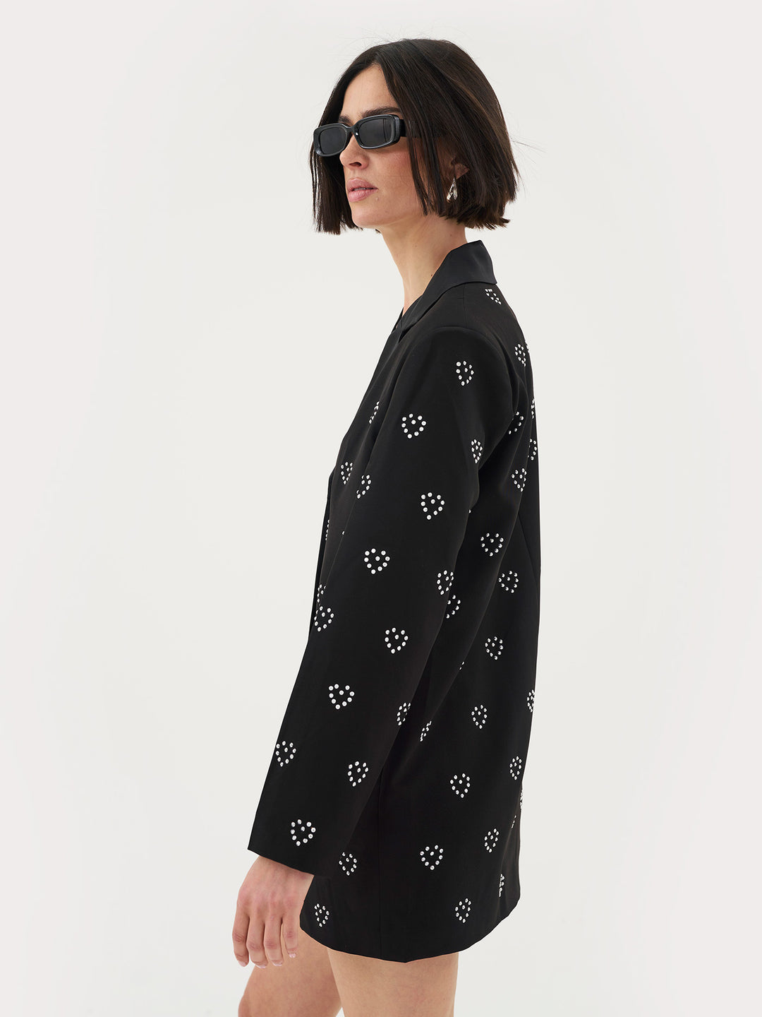 Boxy Blazer Dress With Heart Embellishment in Black