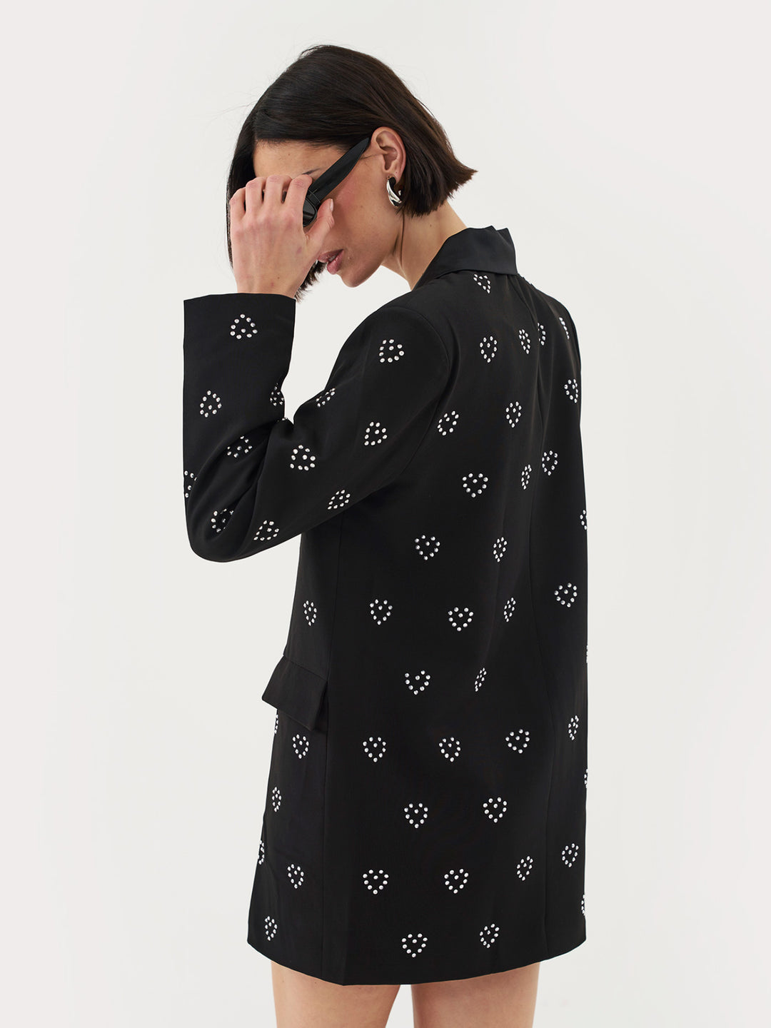 Boxy Blazer Dress With Heart Embellishment in Black