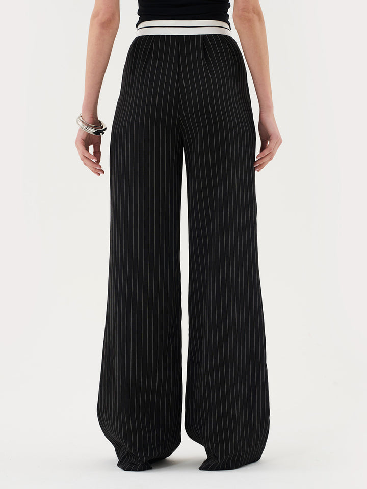 Tailored Pinstripe Trouser with Asymmetric Waistband in Black Co-ord