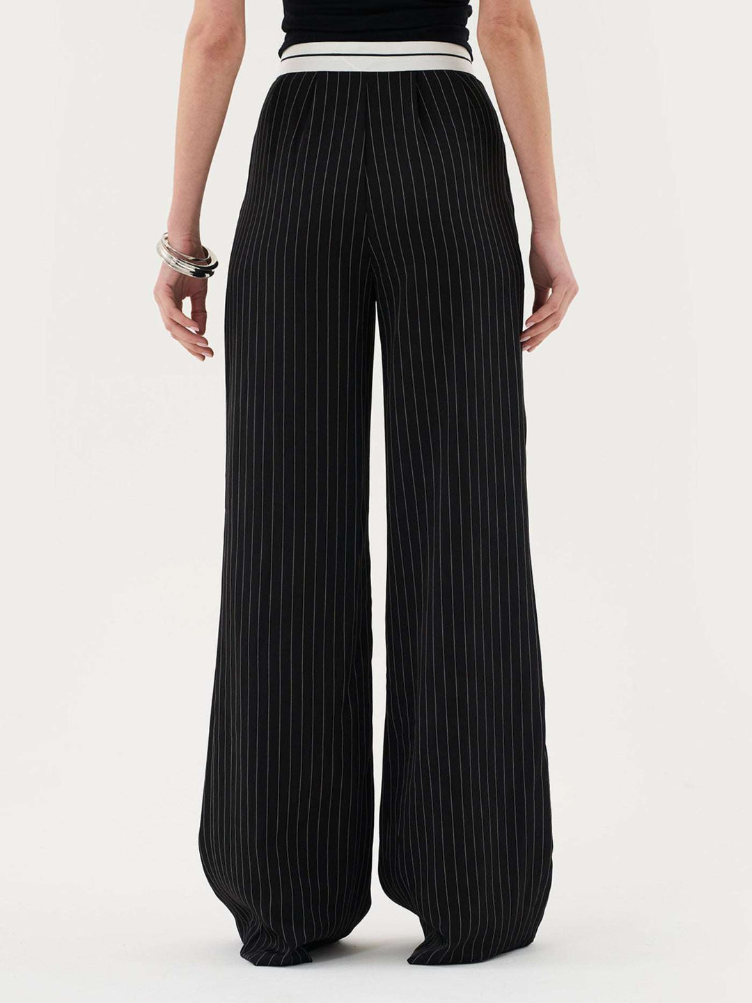 Tailored Pinstripe Trouser with Asymmetric Waistband in Black Co-ord