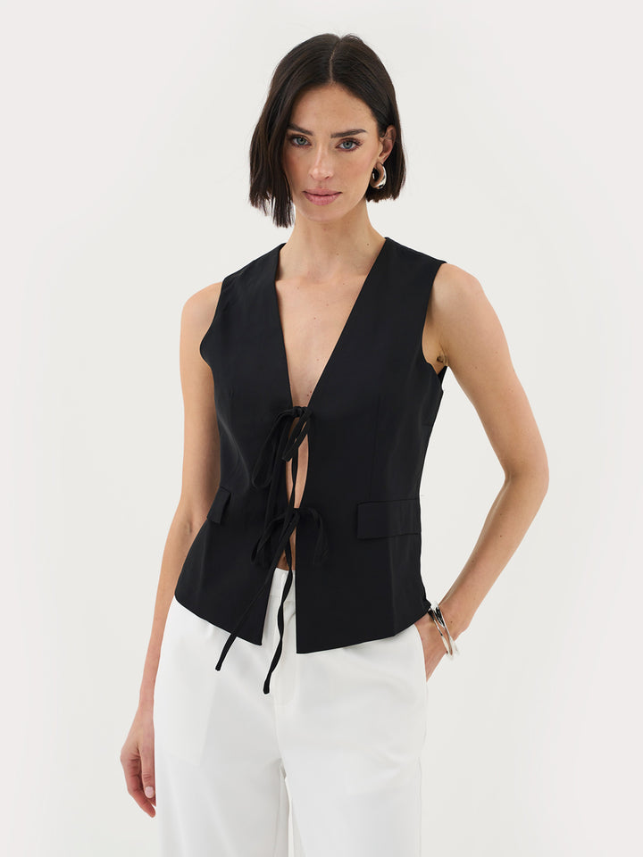 Tie Front Waistcoat In Black Co-ord