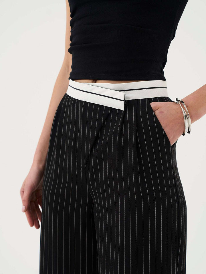 Tailored Pinstripe Trouser with Asymmetric Waistband in Black Co-ord