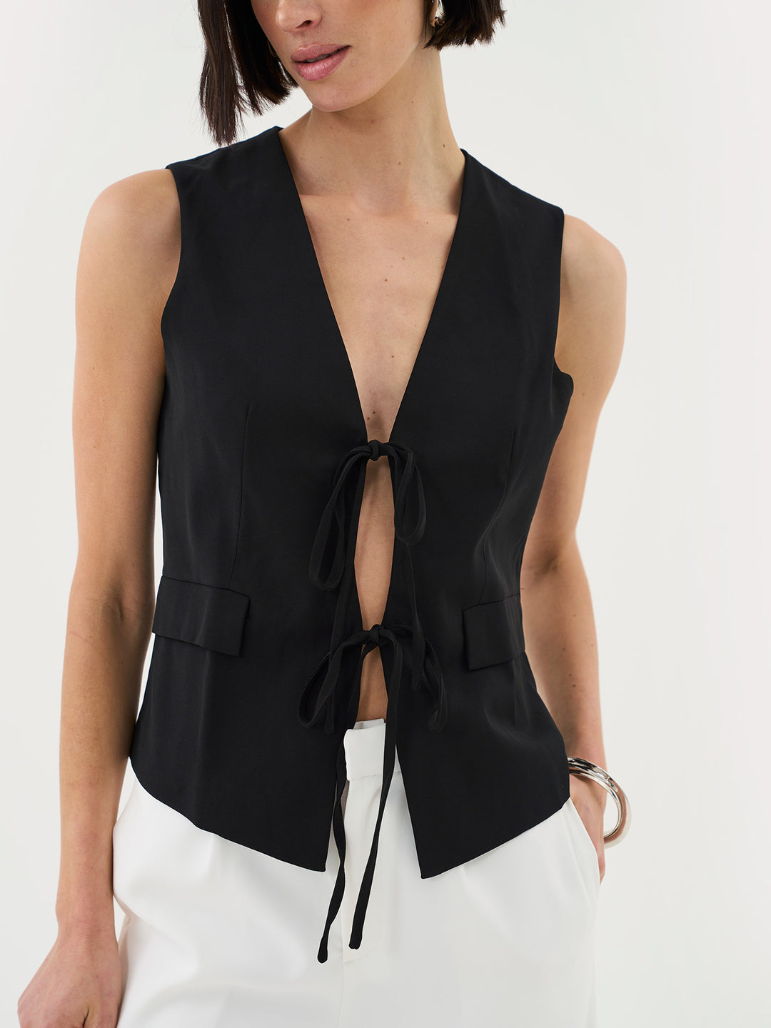 Tie Front Waistcoat In Black Co-ord