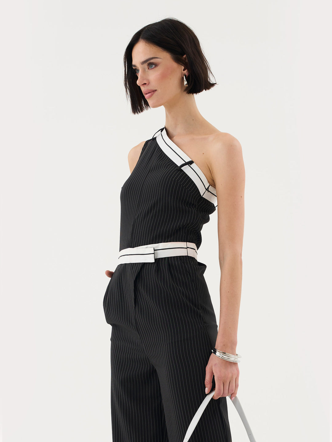 One-Shoulder Pinstripe Jumpsuit With Waistband Detail