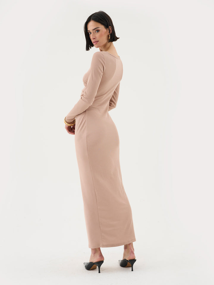 Maxi Dress With Ruching Detail In Camel