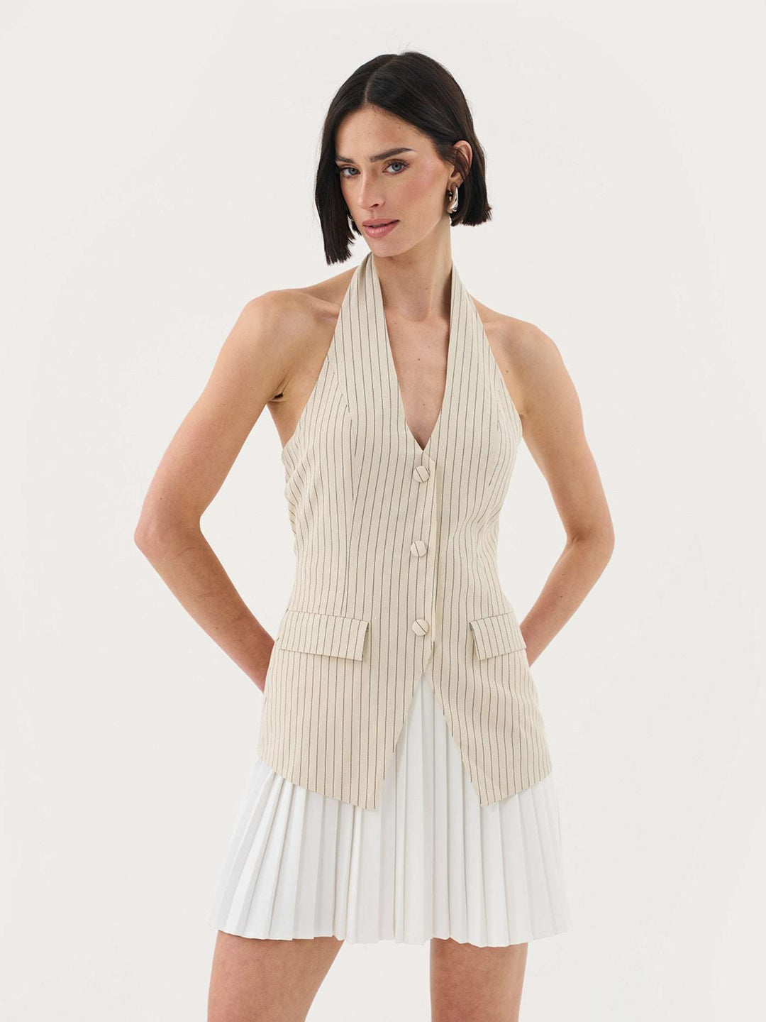 2 In 1 Vest Tailored Pleat Mini Dress In Cream Pinstripe