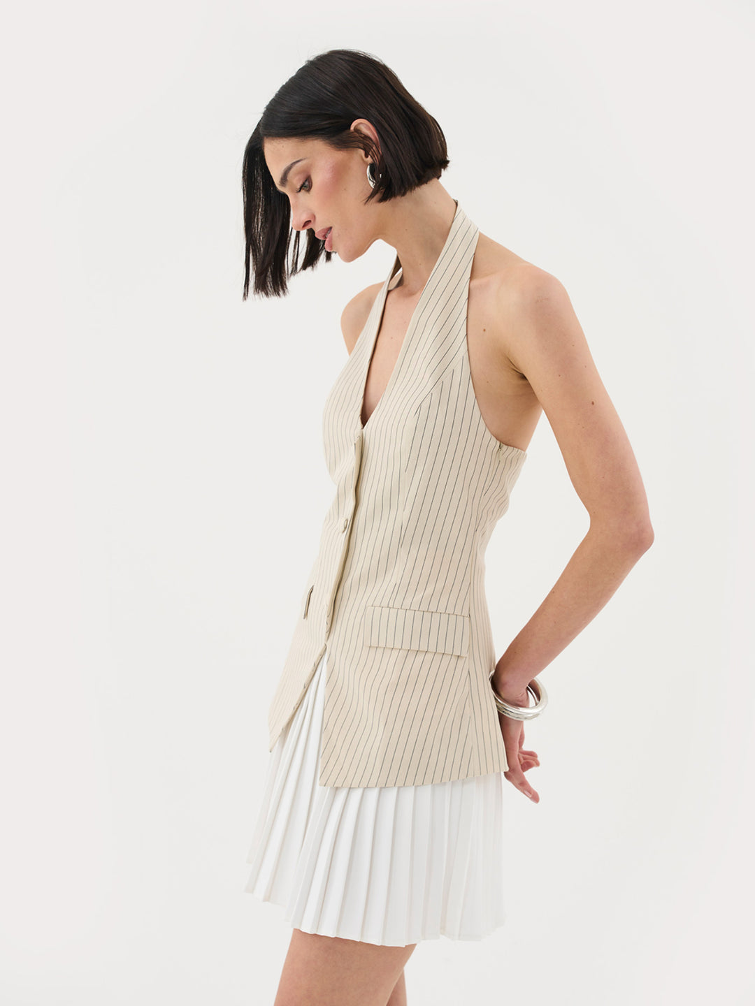 2 In 1 Vest Tailored Pleat Mini Dress In Cream Pinstripe