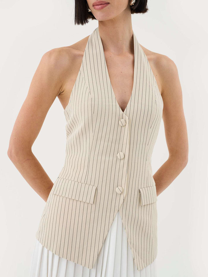 2 In 1 Vest Tailored Pleat Mini Dress In Cream Pinstripe