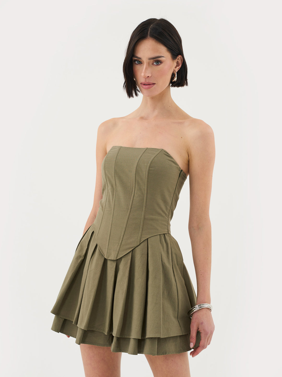 Bandeau Pleated Mini Dress In Khaki