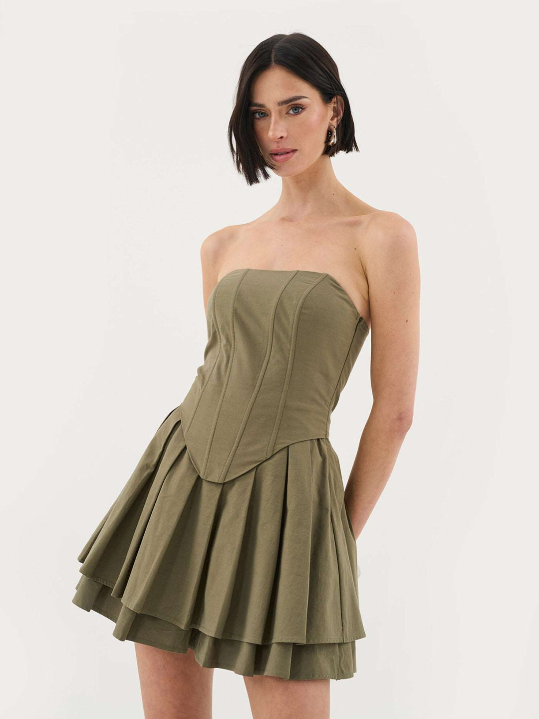 Bandeau Pleated Mini Dress In Khaki