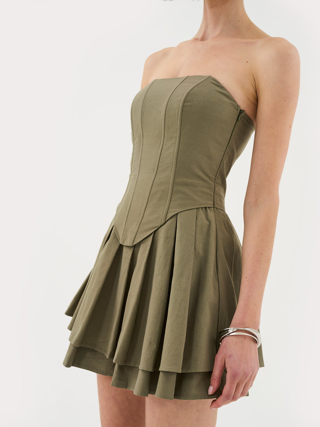 Bandeau Pleated Mini Dress In Khaki