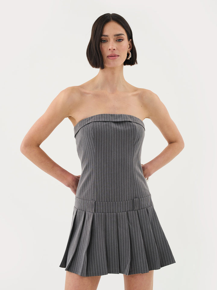 Pinstripe Mini Bandeau Dress In Grey