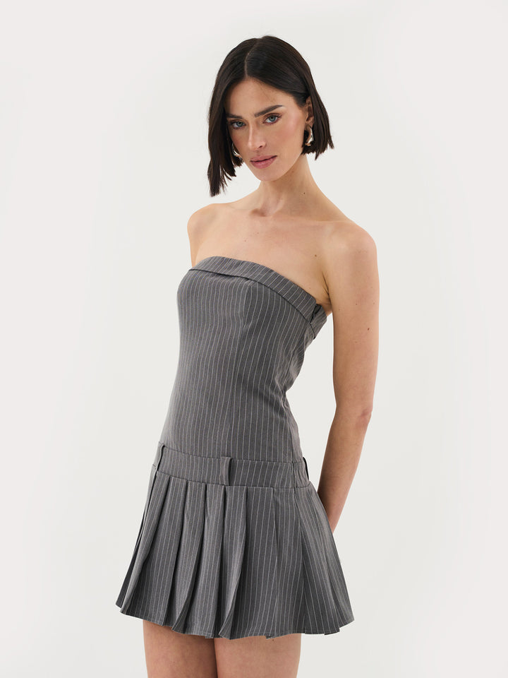 Pinstripe Mini Bandeau Dress In Grey