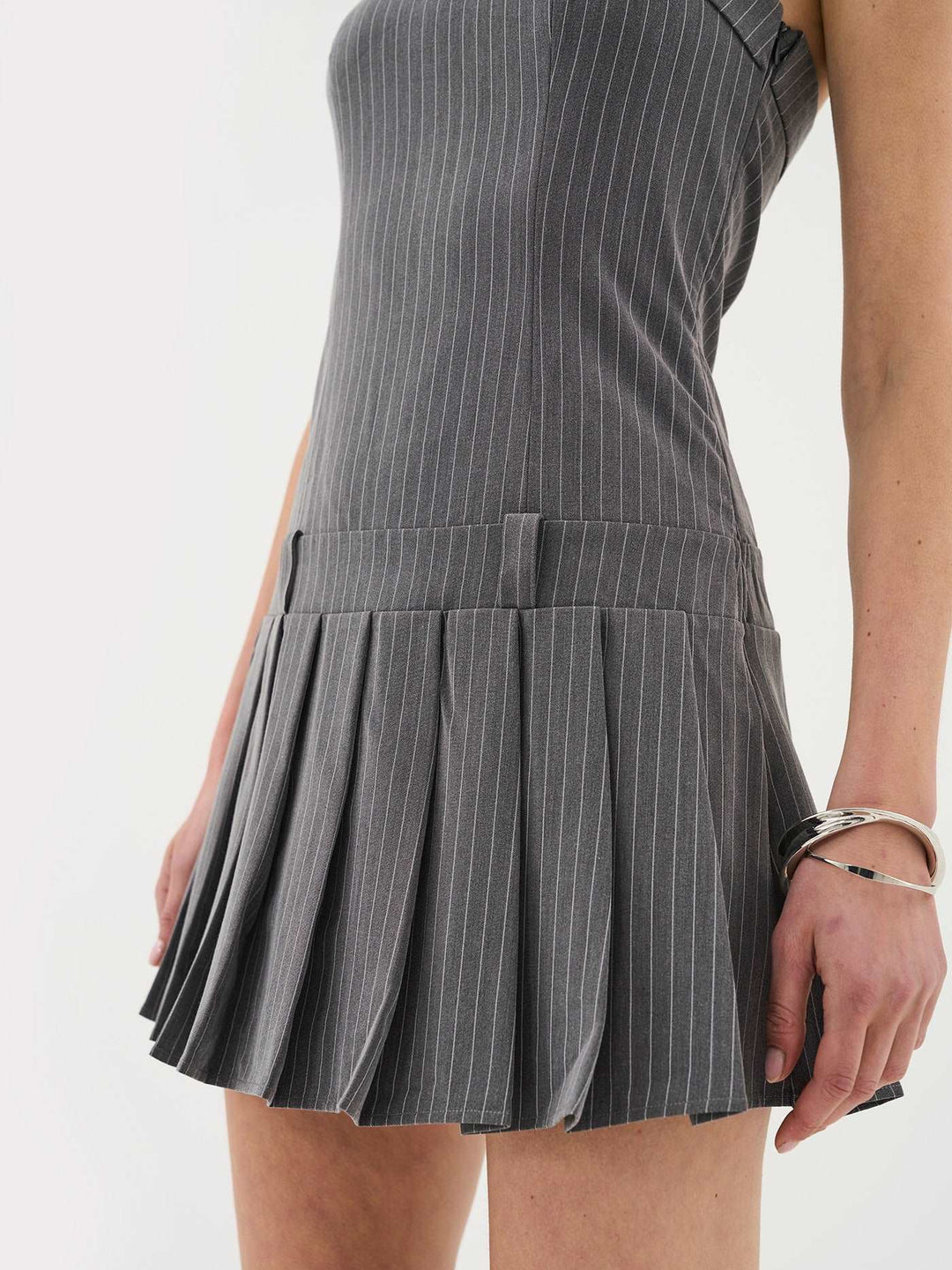 Pinstripe Mini Bandeau Dress In Grey