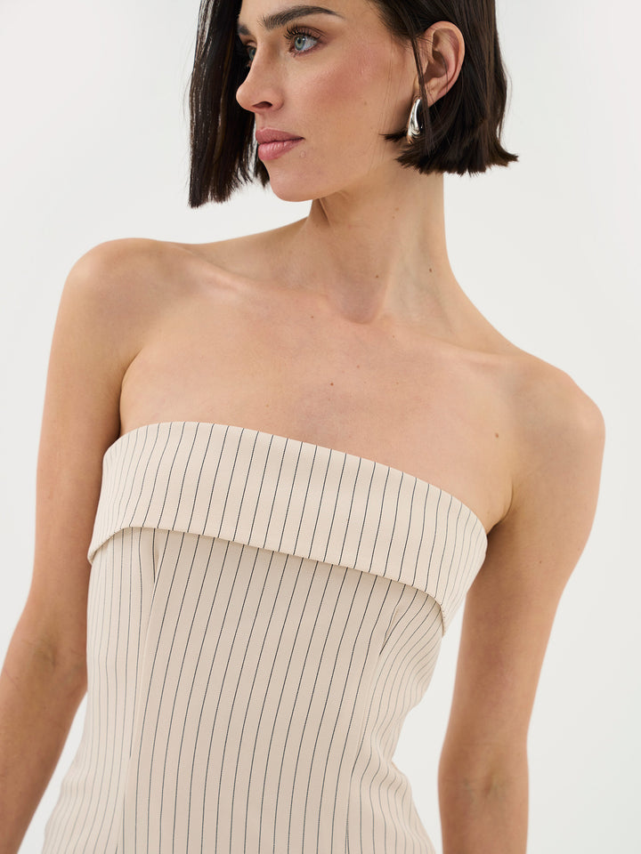 Pinstripe Tailored Bandeau Mini Dress Beige