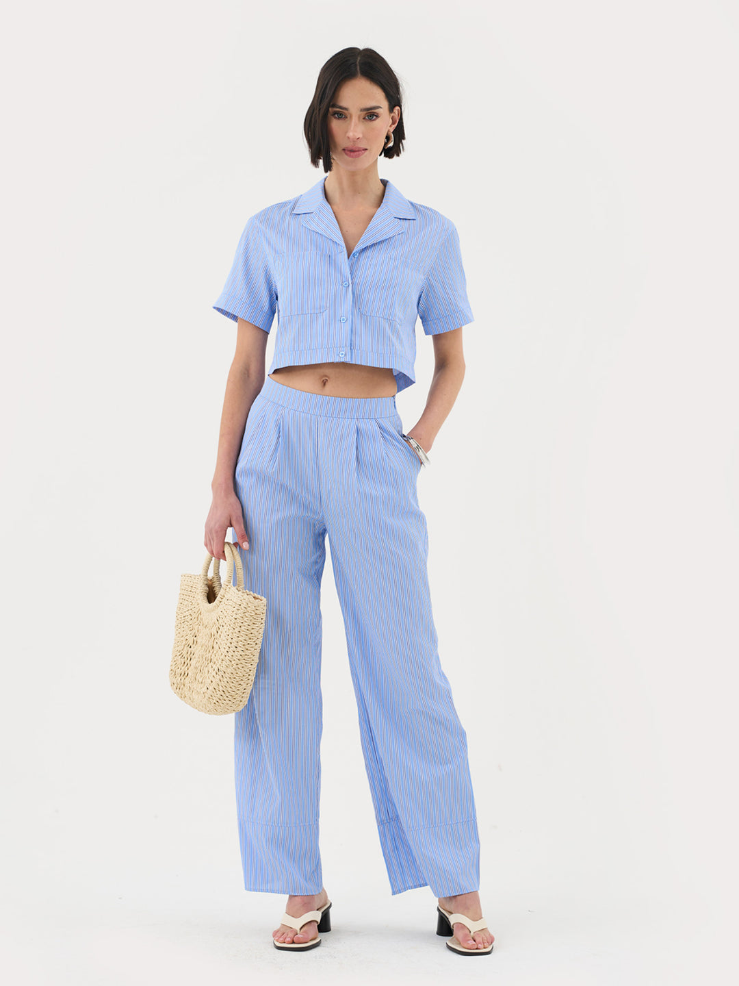 Short Sleeve Cropped Shirt In Blue Stripe Co-ord