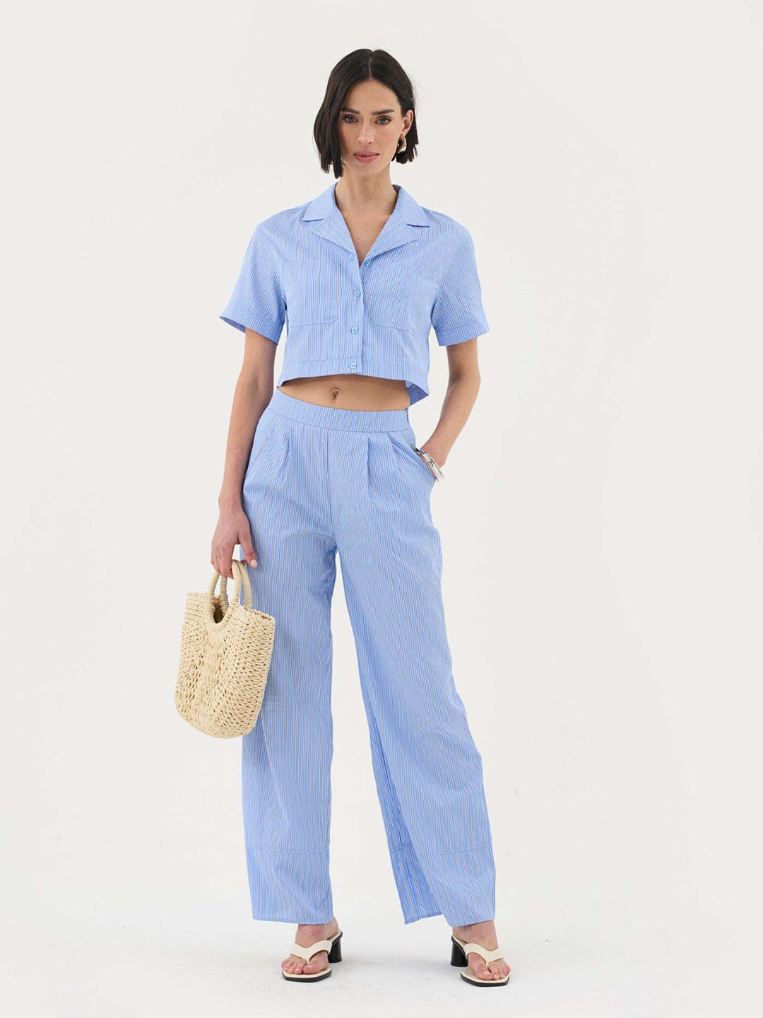 Short Sleeve Cropped Shirt In Blue Stripe Co-ord