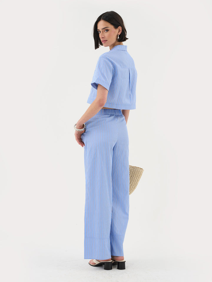 Short Sleeve Cropped Shirt In Blue Stripe Co-ord