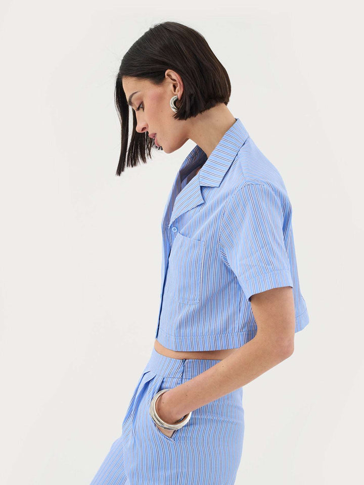 Short Sleeve Cropped Shirt In Blue Stripe Co-ord