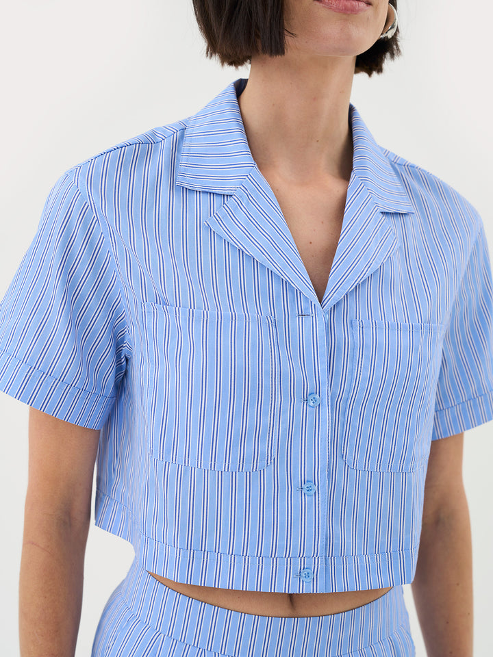 Short Sleeve Cropped Shirt In Blue Stripe Co-ord