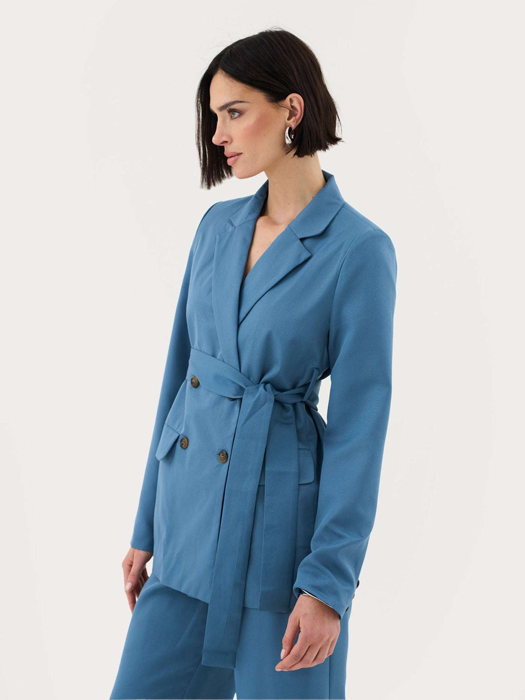 Tie Front Blazer In Blue Co-Ord