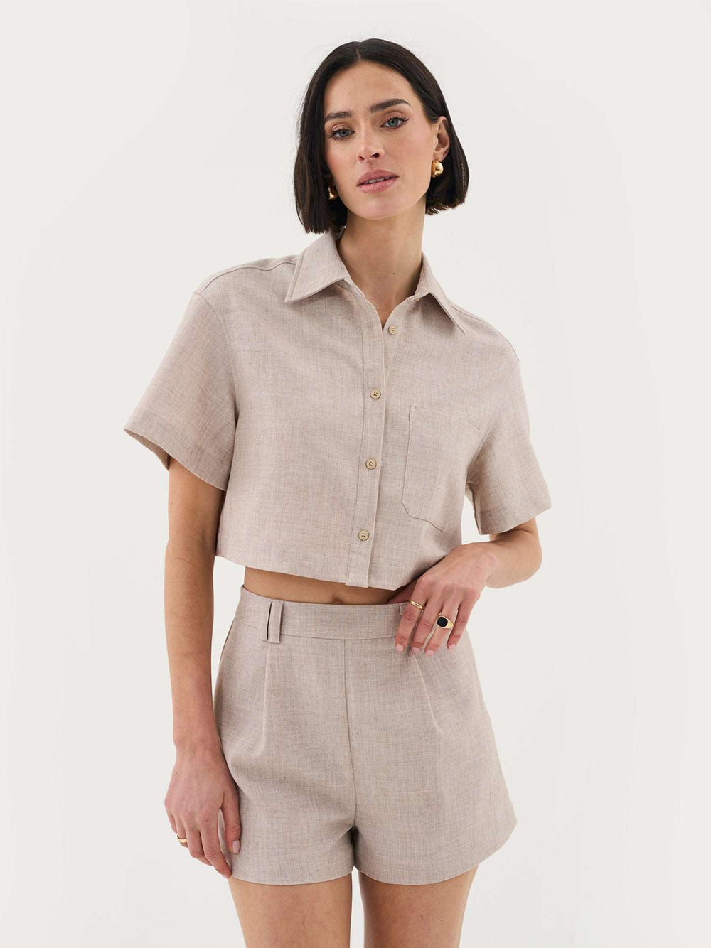 Cropped Shirt Co-ord in Sand