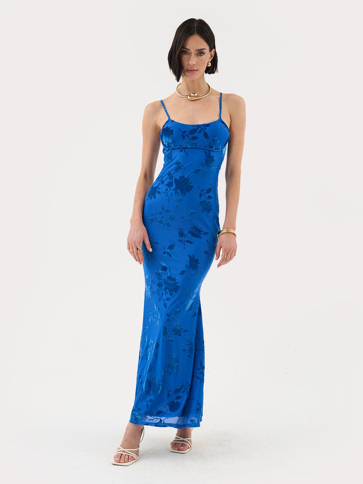 Floral Burnout Maxi Dress in Cobalt Blue