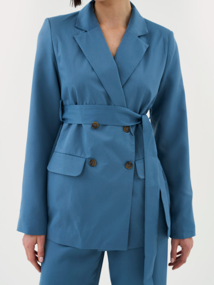 Tie Front Blazer In Blue Co-Ord