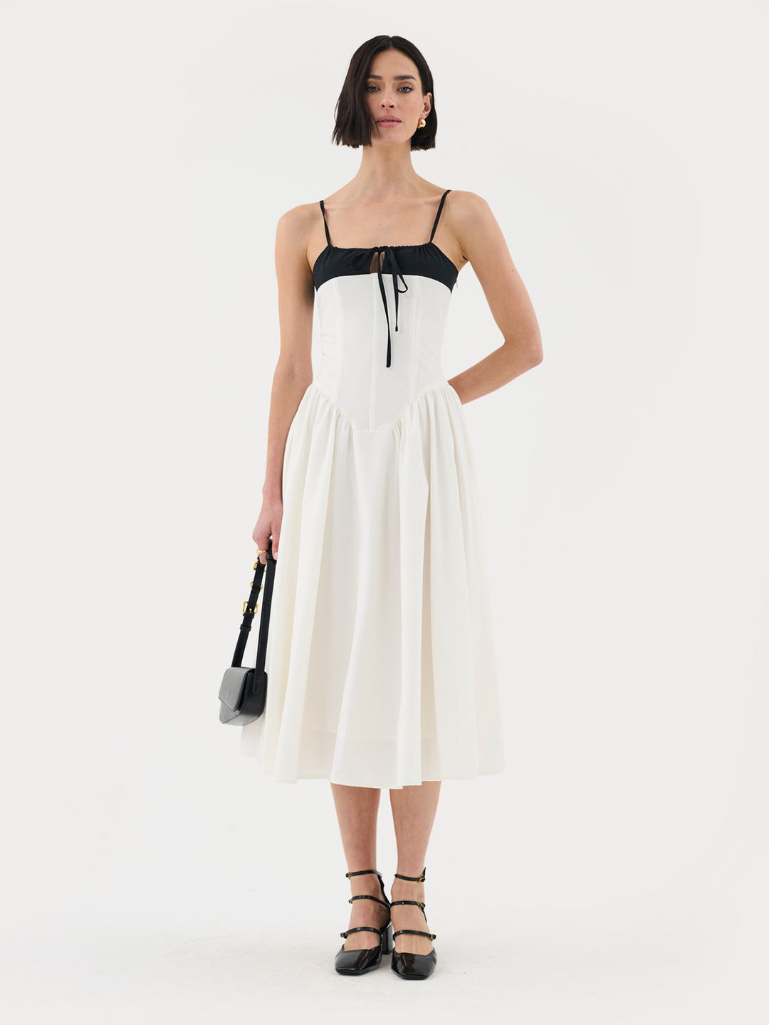 Corset Top Pleated Midi Dress In White