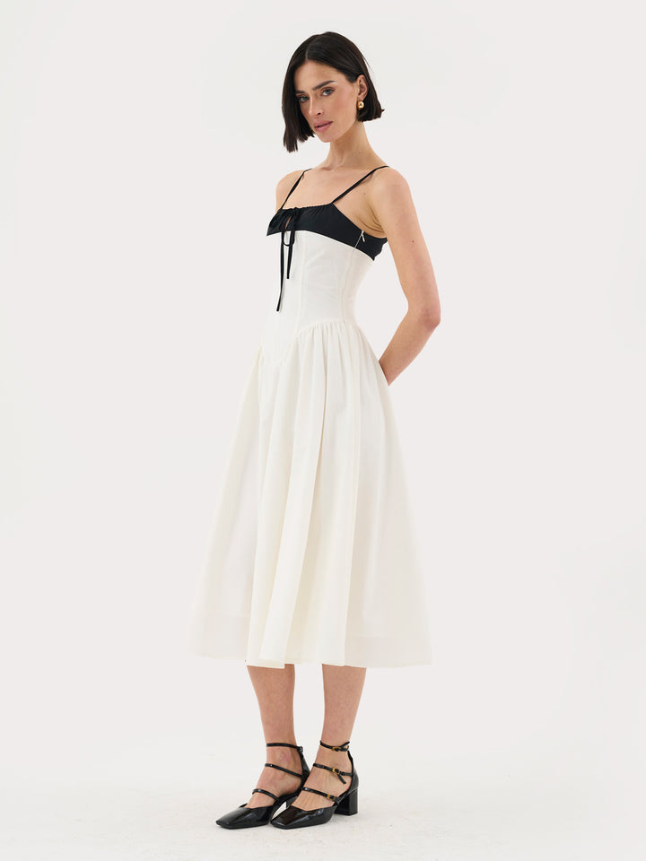 Corset Top Pleated Midi Dress In White