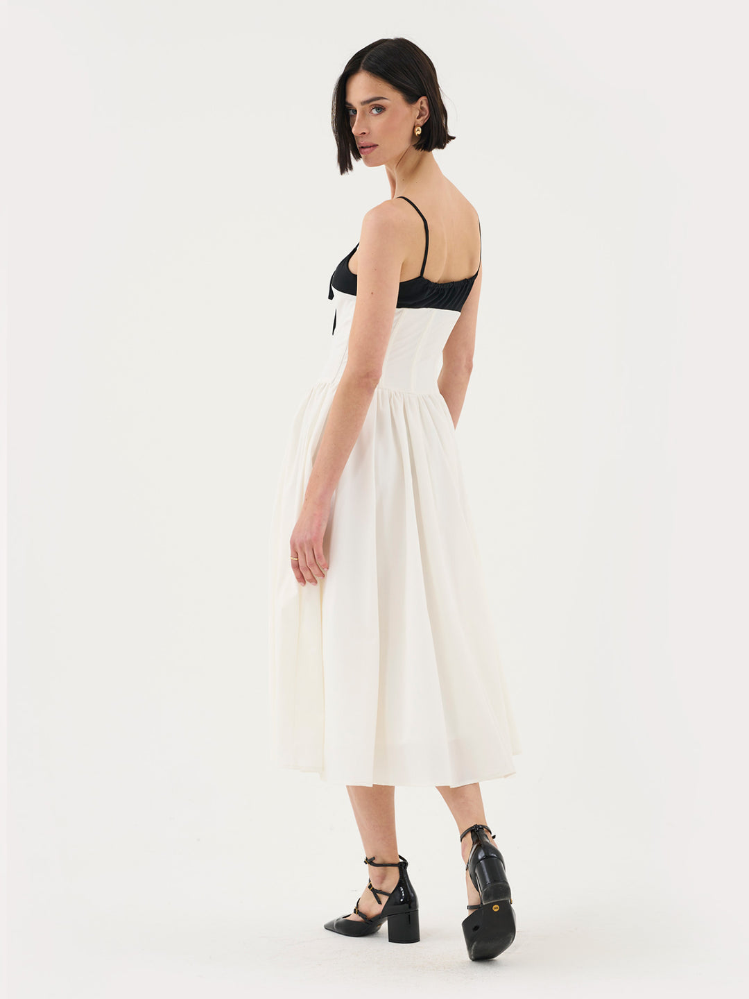 Corset Top Pleated Midi Dress In White