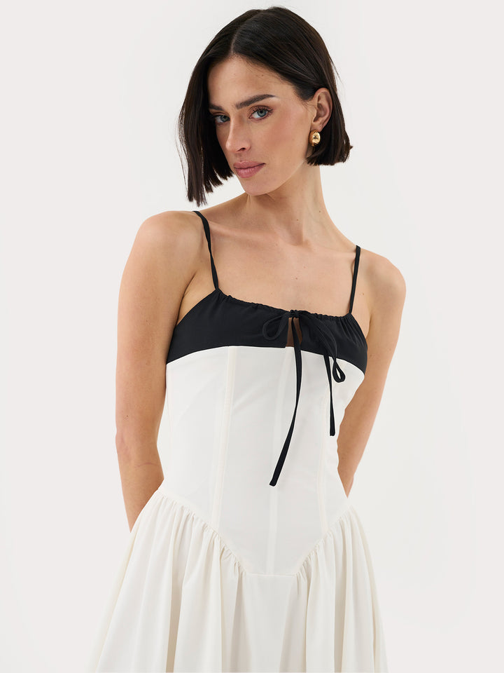 Corset Top Pleated Midi Dress In White