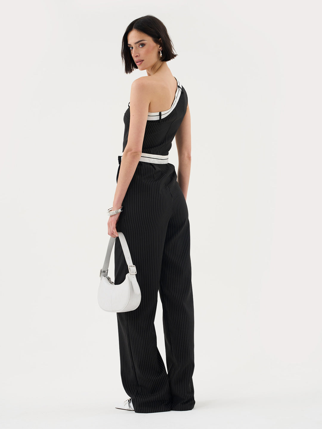 One-Shoulder Pinstripe Jumpsuit With Waistband Detail