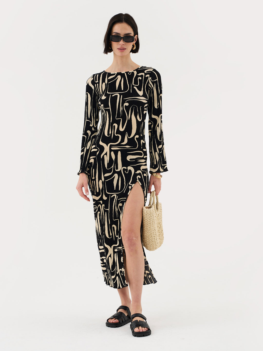 Plisse Maxi Dress In Abstract Print