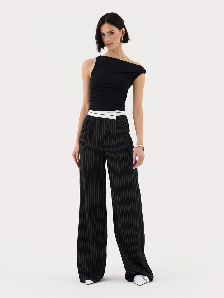 Tailored Pinstripe Trouser with Asymmetric Waistband in Black Co-ord