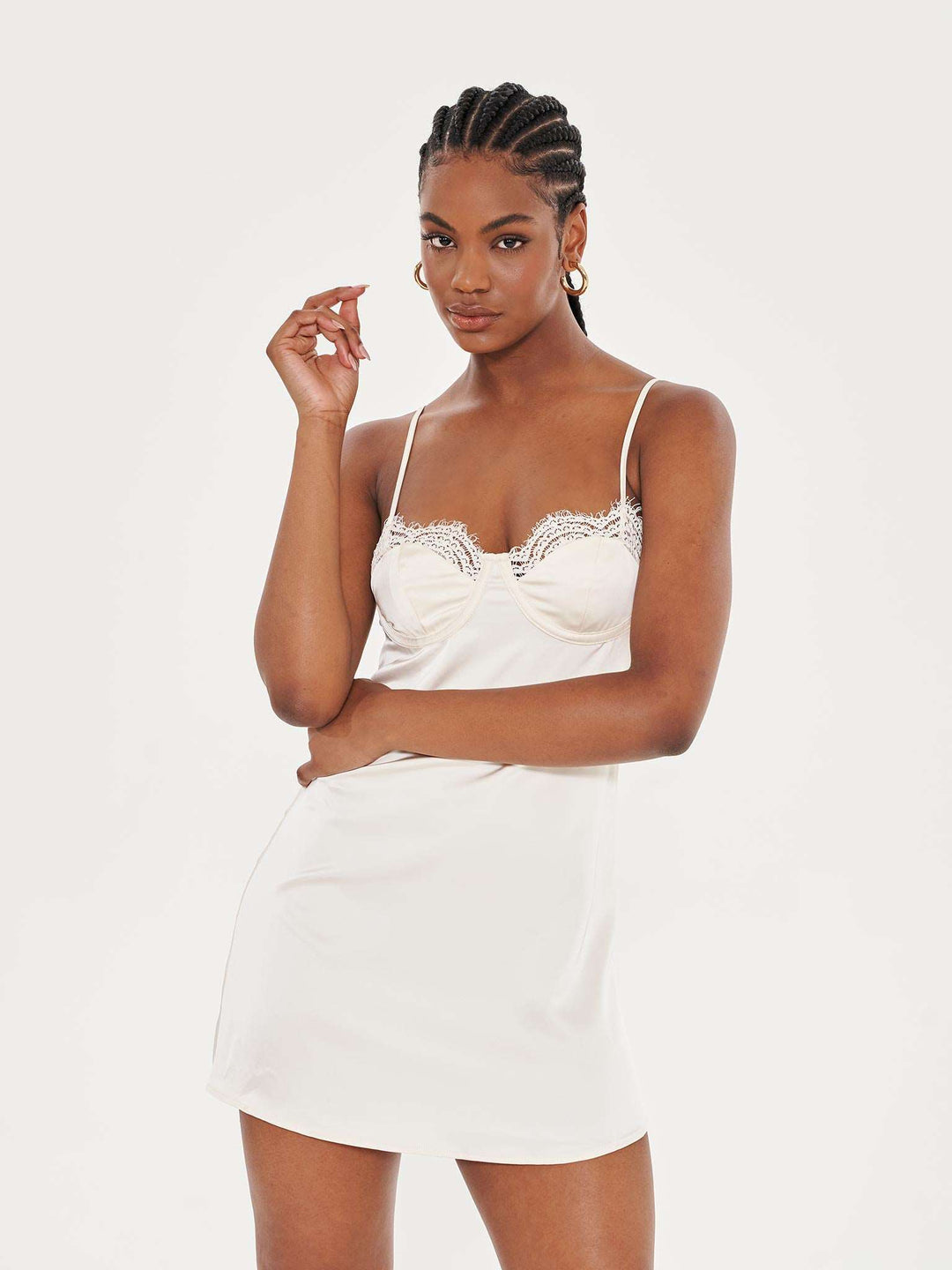 Cream Lace Trim Satin Cami Dress